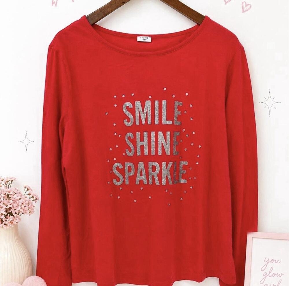Studio 1940 Smile Shine Sparkle Red Long Sleeve Top Women’s Plus